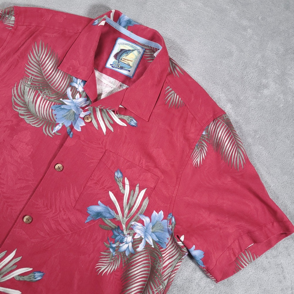 Tommy Bahama Shirt Mens Large Red 25th Anniversary Silk Floral Aloha Camp